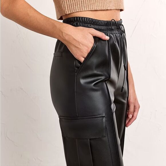 NWT Faux Leather Wide Leg Cropped Cargo Pants - Picture 8 of 9